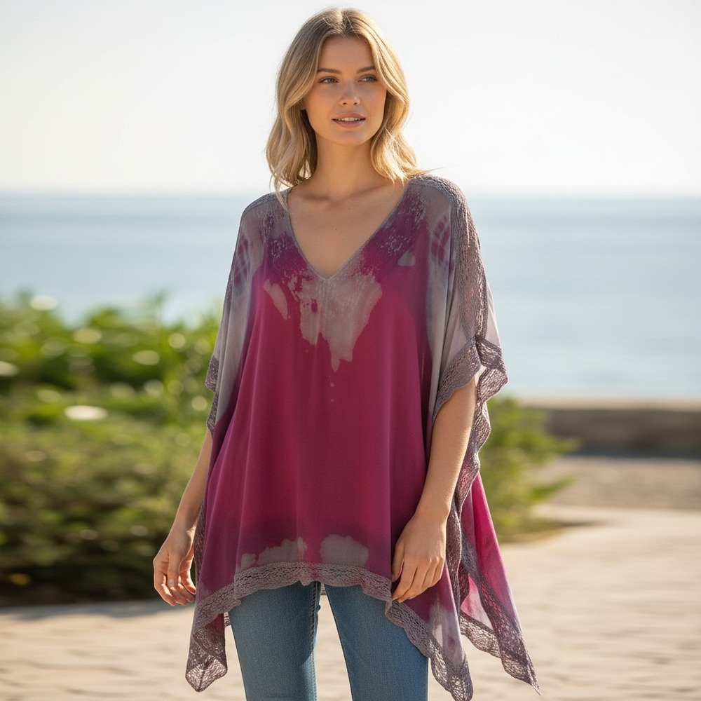 Vintage Havana Womens Magenta Tie Dye Crochet Lace Boho Poncho Top ZC-3006